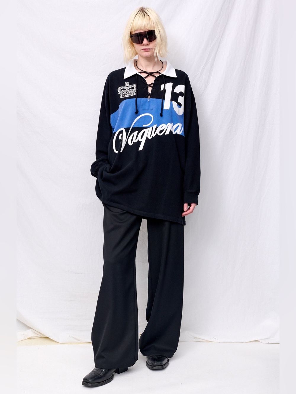 Vaquera Stripe Oversize Cotton Rugby Shirt Black Blue Size M NWOT